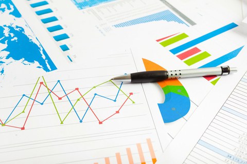 Das Foto zeigt verschiedene ausgedruckte Blätter mit Statistiken und Grafiken. Auf den Blättern liegt ein Stift.