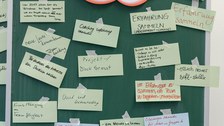 Foto vom Ergebnis der Methode über die Erwartungshaltung. An einer Tafel klebt oben in der Mitte ein Zettel in wolkenform mit dem Text: "Deshalb bin ich hier". Daneben und darunter befinden sich weitere beschriftete Zettel mit den Antworten der Coaches.