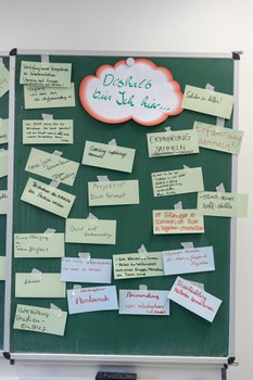 Foto vom Ergebnis der Methode über die Erwartungshaltung. An einer Tafel klebt oben in der Mitte ein Zettel in wolkenform mit dem Text: "Deshalb bin ich hier". Daneben und darunter befinden sich weitere beschriftete Zettel mit den Antworten der Coaches.