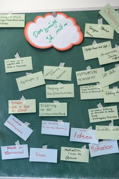 Foto von dem Ergebnis der Methode über die Erwartungshaltung. An einer Tafel klebt oben in der Mitte ein Zettel in wolkenform mit dem Text: "Das bringe ich mit". Daneben und darunter befinden sich weitere beschriftete Zettel mit den Antworten der Coaches.