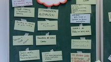 Foto von dem Ergebnis der Methode über die Erwartungshaltung. An einer Tafel klebt oben in der Mitte ein Zettel in wolkenform mit dem Text: "Das erwarte ich". Daneben und darunter befinden sich weitere beschriftete Zettel mit den Antworten der Coaches.