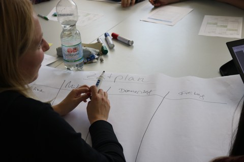 Foto von einer Studentin. Sie sitzt an einem Tisch und schreibt einen Zeitplan auf ein großes Flipchartpapier.