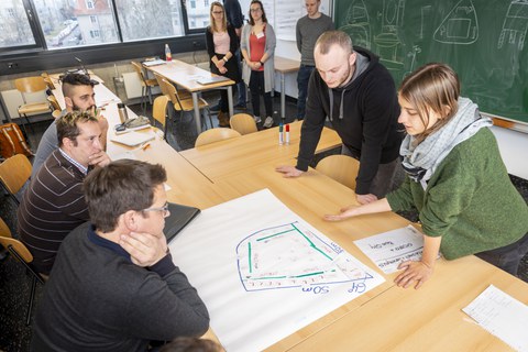 Foto von der Profirunde. Die Profis sitzen in einer Reihe an einem langen Tisch und betrachten ein beschriftetes Flipchartpapier, das vor ihnen liegt. Auf der anderen Seite des Tisches stehen zwei Studierende und erklären etwas.