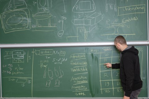Foto eines Studenten, der vor einer viel beschrifteten Tafel steht und etwas erklärt.