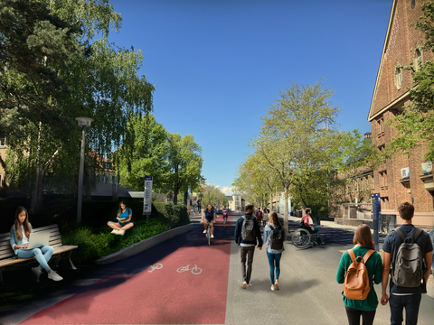 Digital manipuliertes Foto der Mommsenstraße, das eine mögliche autofreie Zukunft zeigt. Die Straße ist in diesem Bild ein breiter roter Radweg und rechts daneben ein großer Fussweg, mehr Grünanlagen und Menschen zu Fuss oder auf Rädern.