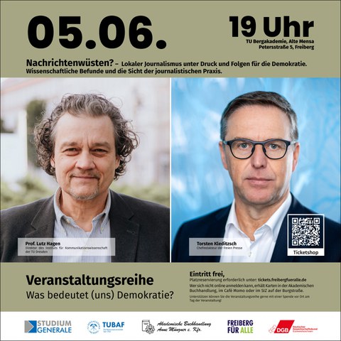 Das Bild zeigt ein Plakat mit Infos zur Podiumsdiskussion am 5. Juni 2025 in Freiberg