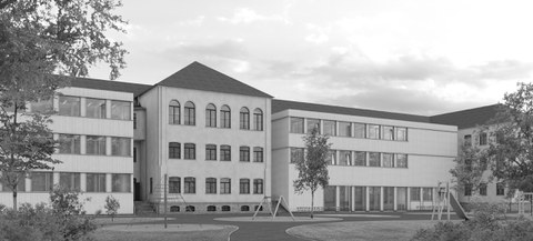 Ansicht Schulgebaeude mit Erweiterungsbauten