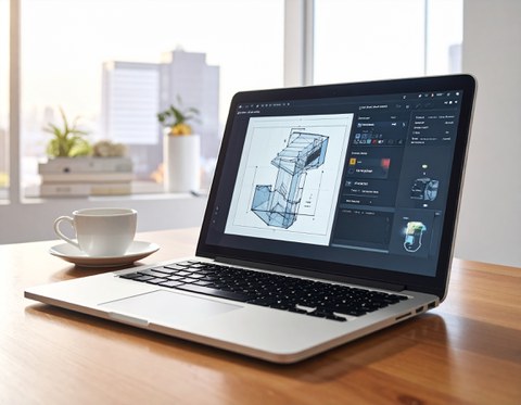 CAD-Applikation in Laptop, auf einem Schreibtisch
