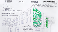 Luis Grün würde eine Gestaltung mit horizontaler Teilung und fließenden Bewegungen vornehmen. Die Algen könnten reliefartig in die Fassade eingearbeitet werden. 