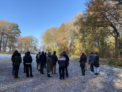 Die Studierenden beim Abschlussrundgang durch den Park, auf der großen Wiese stehend.