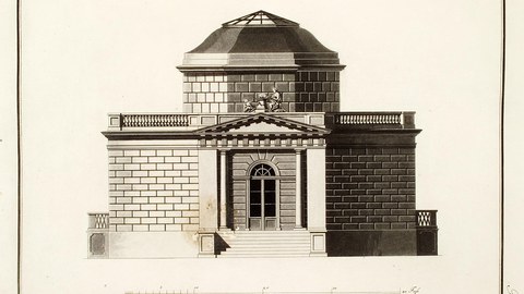 Ansicht des Freundschaftstempels in Rheinsberg aus dem Werk „Neue Garten- & Landschaftsgebäude, Schwender (del.) & Aubertin (sc.), Aquatinta um 1798 (gemeinfrei, Digitalisat UB Heidelberg: https://digi.ub.uni-heidelberg.de/diglit/becker1798).