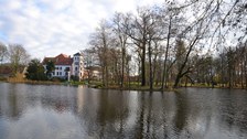 Foto zeigt das Thammenhainer Schloss im Hintergrund. Im Vordergrund ist der Schlossteich zu sehen, auf dem eine bewachsene Insel zu sehen ist. 