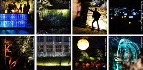 Collage von verschiedenen Projektumsetzungen des Moduls LM244: Bartresen und weitere beleuchtete Installationen.