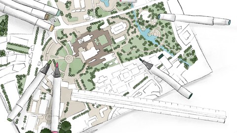 Grünordnungsplan mit Stiften und Lineal
