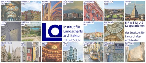Grafik mit 18 Kacheln, von denen 17 jeweils den Namen der Stadt der Erasmus-Partneruniversität und ein für diese Stadt typisches Bild zeigt