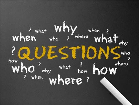 Die Darstellung zeigt eine Tafel, auf der das Wort "Questions" geschrieben steht. Drum herum stehen viele englische Fragewörter