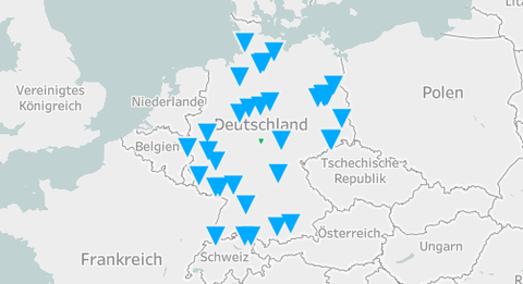 Landkarte von Europa, auf deutschem Gebiet sind Wissenschaftsstandorte mit blauen Dreiecken markiert
