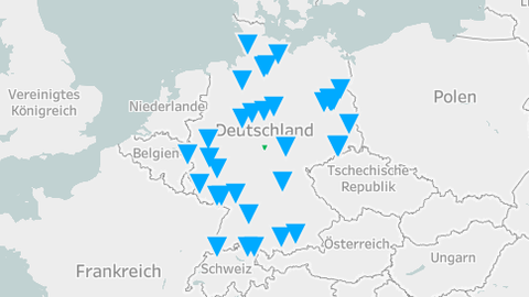 Landkarte von Europa, auf deutschem Gebiet sind Wissenschaftsstandorte mit blauen Dreiecken markiert