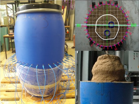Fässer mit Bodenmaterial für Injektionsversuche