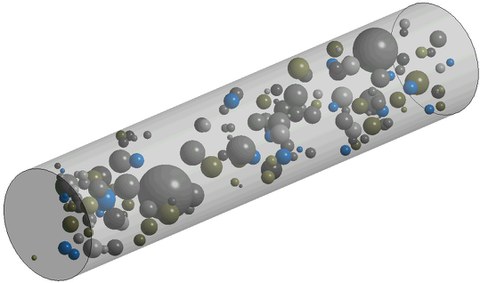Numerisches Modell einer Betonprobe mit unzähligen kugelförmigen Störstellen