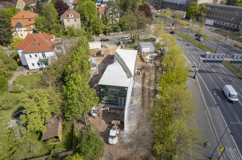 Foto zeigt IMporessionen vom Bau des Carbonbetonhauses CUBE in Dresden