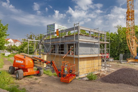 Foto zeigt IMporessionen vom Bau des Carbonbetonhauses CUBE in Dresden
