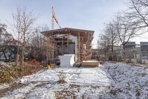 Foto zeigt IMporessionen vom Bau des Carbonbetonhauses CUBE in Dresden
