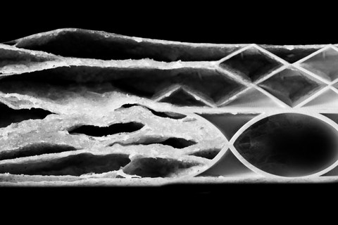 Visualisierung zeigt eine fiktive materialminimierte Carbonbetonstruktur. Die Bildretusche besteht aus mehreren verschiednenen Fotos von verschiedenen Strukturen.