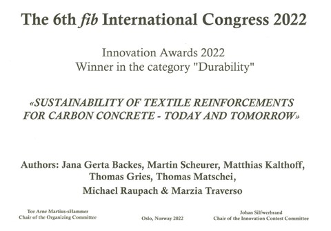 Grafik zeigt einen Scan der Urkunde aus der Kategorie Durability des fib-Symposiums 2022