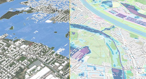 Comparison of areas affected by Elbe flood HQ100 (left) and extreme precipitation (right)