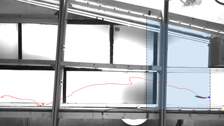 Top view of the model channel in the observation area (marked in blue), a positively rheotactically oriented fish is located just before the bypass entrance simulated by the built-in component and appears as a dark silhouette against a light background, t