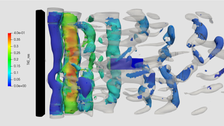 Eine 3D-Seitenansicht des Standardversuchs (Halbzylinder mit fischähnlichem Körper) mit grauen Wirbelhüllen, wobei einige Zellen entsprechend ihrem Inhalt der Kinetischen Energie der Turbulenz koloriert sind, wird gezeigt.