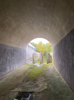 Foto mit Blick aus der Tunnelpassage auf die Strahlaufreißer im Eingangsbereich des Tosbeckens.