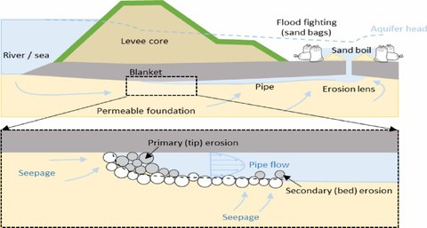 Visualisierung der primären und sekundären Erosionsprozesse im Deichquerschnitt