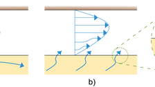 a) Laminares Strömungsprofil in einem Rohr ohne vertikalen Zufluss, b) Laminares Strömungsprofil in einem Rohr mit vertikalem Zufluss, c) Kräftegleichgewicht an einem Korn am Rohrbett (Sekundäre Erosion)
