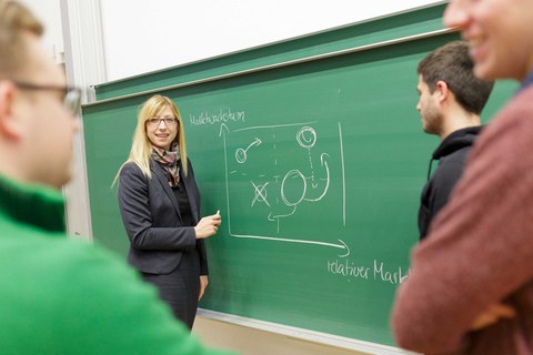 Foto von drei Studenten und einer Dozentin an einer Tafel. Die Dozentin erklärt ein Diagramm, welches mit "Marktwachstum" und "relativer Marktanteil" beschriftet ist.