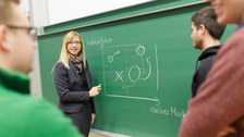Foto von drei Studenten und einer Dozentin an einer Tafel. Die Dozentin erklärt ein Diagramm, welches mit "Marktwachstum" und "relativer Marktanteil" beschriftet ist.