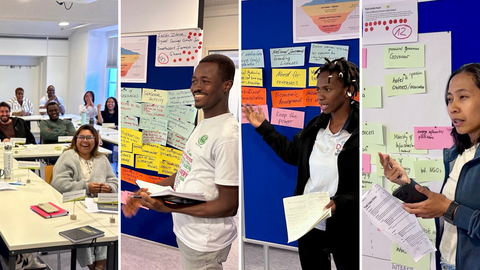 Collage of a workshop reflection session with participants standing and speaking beside pinboards covered with notes and diagrams. Three challenge holders explain the peer consultation process of their groups, while EM49 participants listen and laugh.