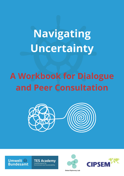 Blue workbook cover titled “Navigating Uncertainty: A Workbook for Dialogue and Peer Consultation,” with simple line illustrations and the logos of Umweltbundesamt, TES Academy, Global Diplomacy Lab, and CIPSEM at the bottom.