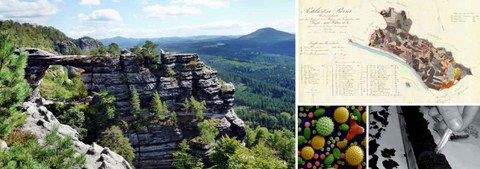 Landschaftsbild Böhmische Schweiz, Präbischtor, Historische Forstkarte zum Revier Postelwitz, Pollen in Mikroskopansicht, Bild zur Torfkernanalyse