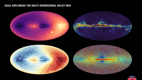 Dieses Bild zeigt vier Himmelskarten, die mit den neuen, am 13. Juni 2022 veröffentlichten Gaia-Daten der ESA erstellt wurden.