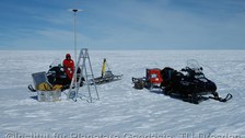 Bestimmung von Gletscherbewegungen mit GPS. Die Aluminiumsignale wurden während einer früheren Expedition ausgebracht und nun wiederholt vermessen. Aus der Positionsänderung lässt sich der Bewegungsvektor ableiten. Die Änderung der Länge des aus dem Schnee herausschauenden Signals erlaubt die Bestimmung der Akkumulationsrate.