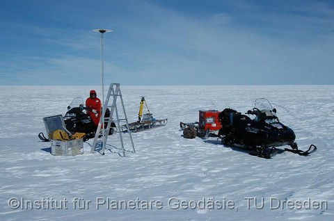 Bestimmung von Gletscherbewegungen mit GPS. Die Aluminiumsignale wurden während einer früheren Expedition ausgebracht und nun wiederholt vermessen. Aus der Positionsänderung lässt sich der Bewegungsvektor ableiten. Die Änderung der Länge des aus dem Schnee herausschauenden Signals erlaubt die Bestimmung der Akkumulationsrate.