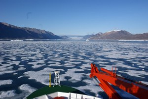 Die Polarstern auf ihrer Fahrt durch den Djimphna Sund 