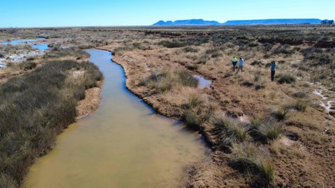 Aerial view of a landscape in the semi-arid Karoo with a partially dried-up riverbed.