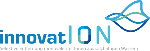 Logo. Text innovation wobei ion in Großbuchstaben erscheint. Daneben stilisierte Wellenlinien. Darunter der Text selektive Entfernung monovalenter Ionen aus salzhaltigen Wässern.