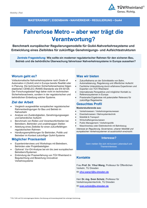 Flyer zur Masterarbeit „Fahrerlose Metro – aber wer trägt die Verantwortung?“ mit Informationen zu Fragestellung, Arbeitsinhalten, Profil und Kontakten.