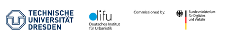 This picture shows the following Logos: Technische Universität Dresden, Deutsches Institut für Urbanistik (Difu), Commissioned by: Bundesministerium für Digitales und Verkehr