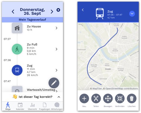 The picture shows how the app "TravelVu" records the routes and activities during the day. 