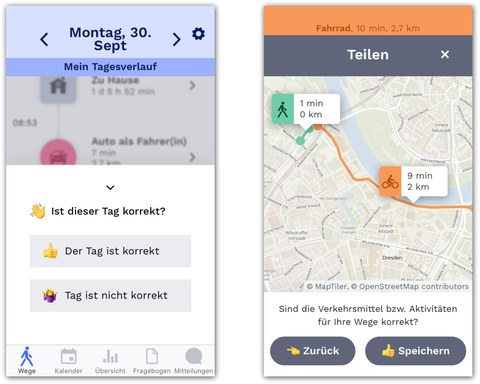 The picture shows how to check, change and confirm the route of the day.